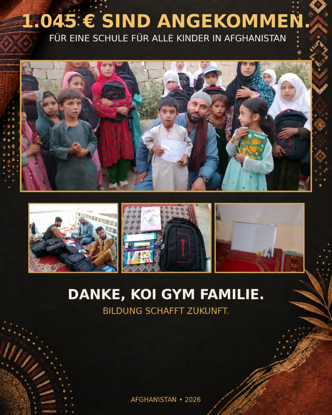 KOI Gym Spendenaktion: 1.045 € für eine Schule für alle Kinder in Afghanistan – Kinder mit neuen Rucksäcken und Schulmaterial